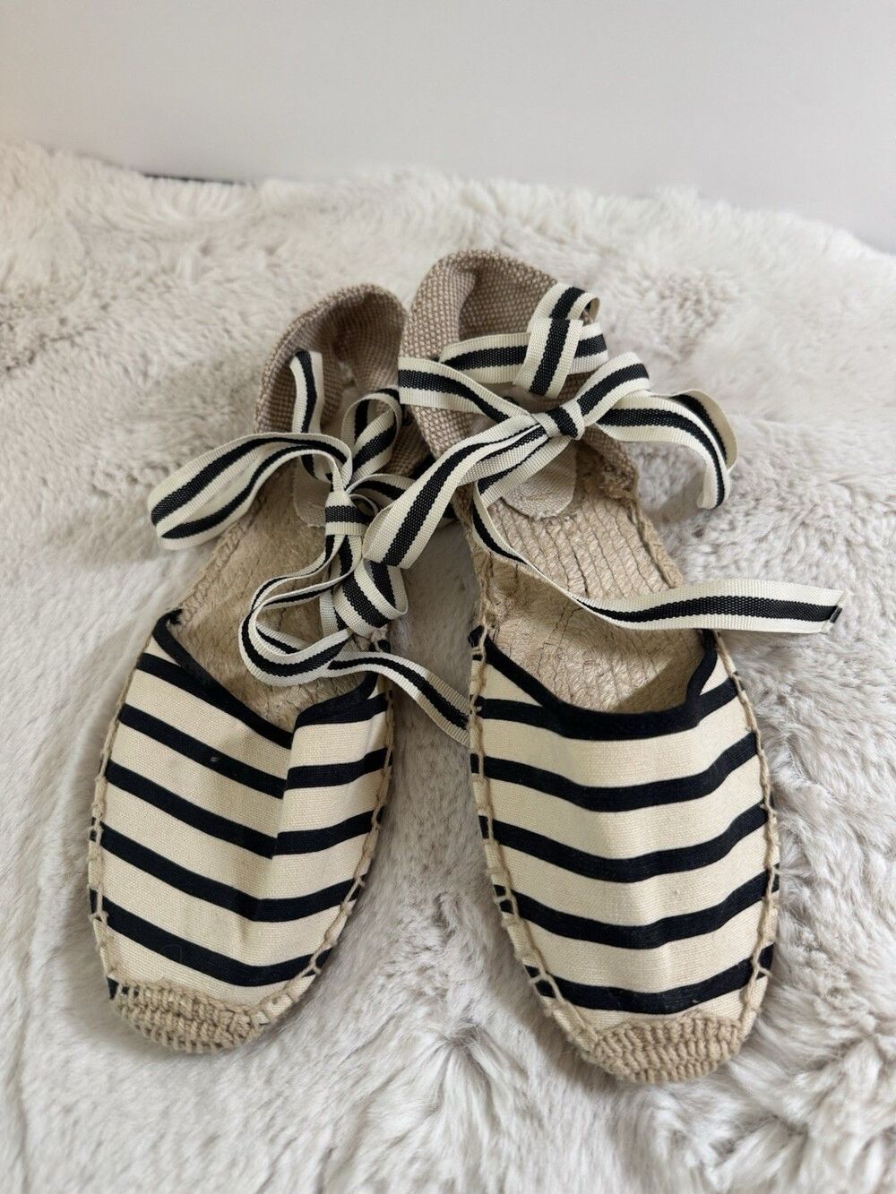 Soludos Womens Espadrille Shoe Size 8 Classic Stripe Ankle Tie White Black NWOB